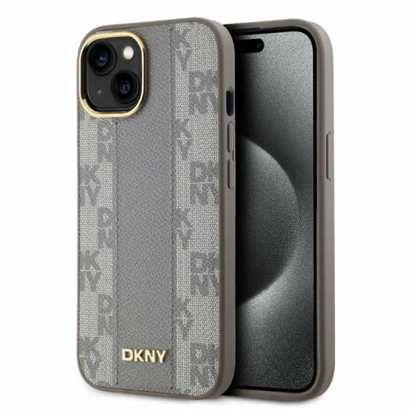 Kožené puzdro DKNY s kockovaným mono vzorom MagSafe na iPhone 14 – béžové