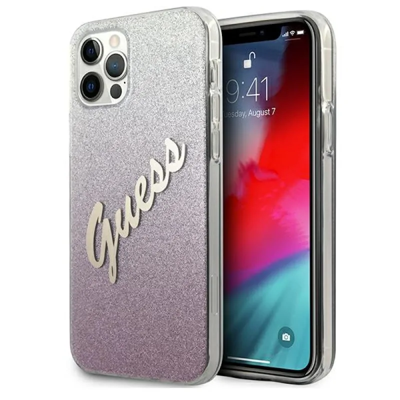 Guess GUHCP12MPCUGLSPI iPhone 12/12 Pro 6,1" ružovo-ružové pevné puzdro Glitter Gradient Script
