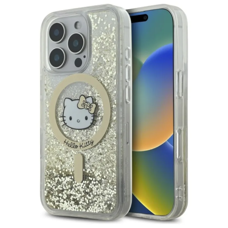 Puzdro Hello Kitty Liquid Glitter Fever MagSafe pre iPhone 16 Pro Max – zlaté