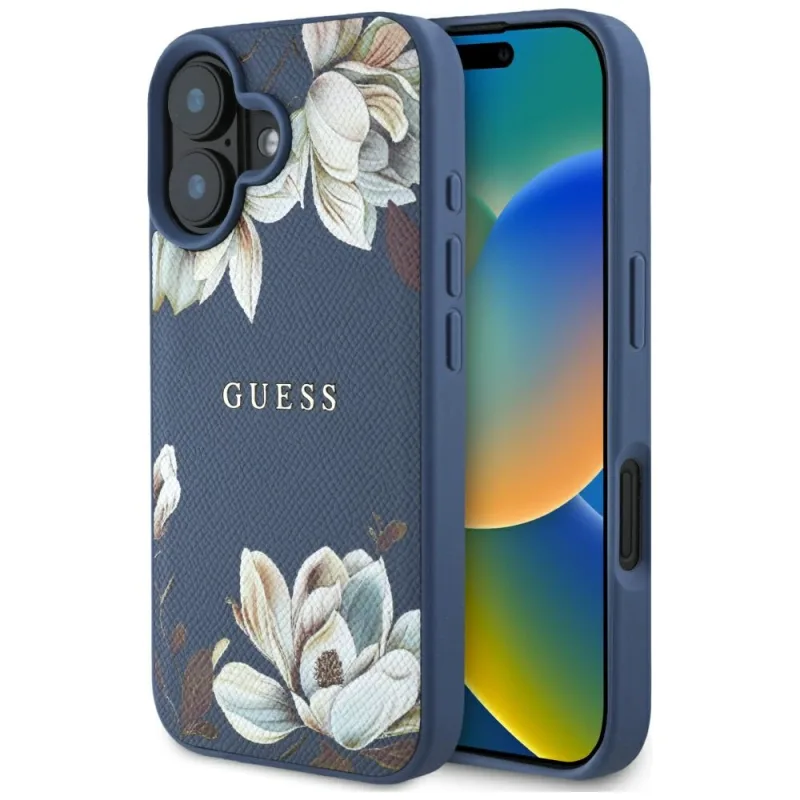 Guess Grained Printed Flower Pattern MagSafe puzdro pre iPhone 16 modré
