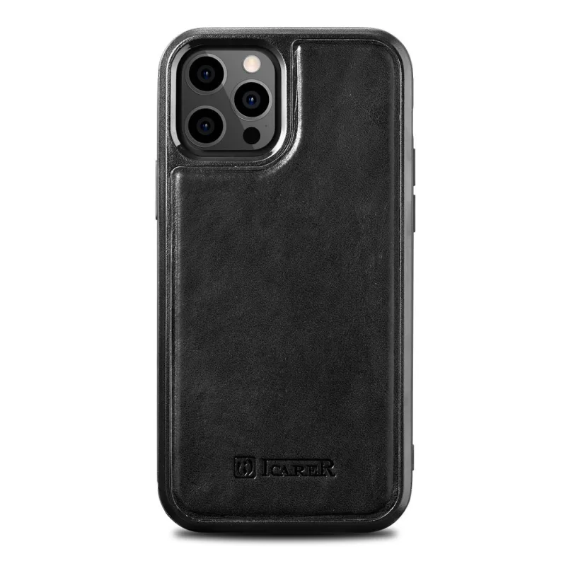 Puzdro iCarer Leather Oil Wax potiahnuté prírodnou kožou pre iPhone 12 Pro Max čierne (ALI1206-BK)