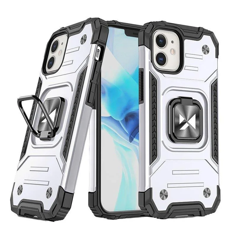 Puzdro Wozinsky Ring Armor pre iPhone 14 pancierový kryt magnetický držiak prsteň strieborný