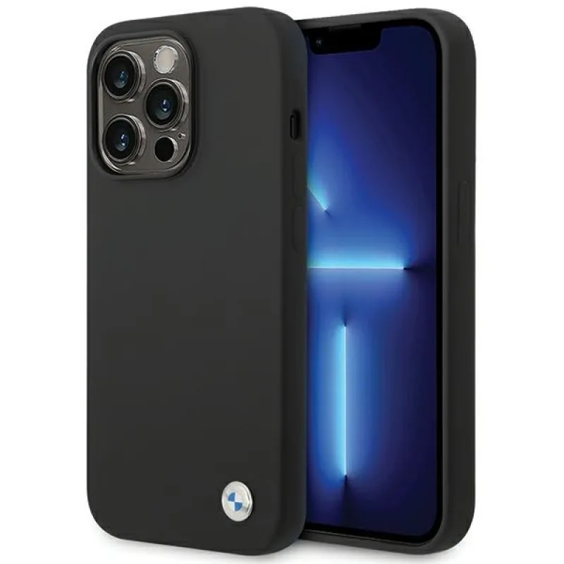 BMW silikónové puzdro s kovovým logom pre iPhone 15 Pro - čierne