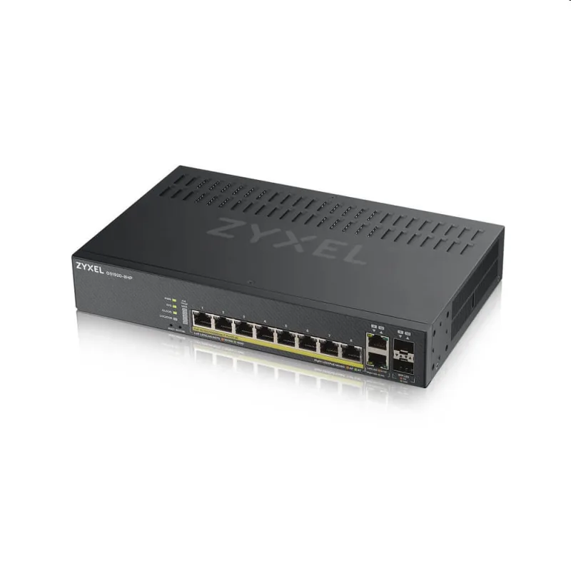 Zyxel GS1920-8HPv2, 10 Port Smart Managed Switch 8x Gigabit Copper and 2x Gigabit dual pers., hybrid mode, 130 Watt PoE, fanless