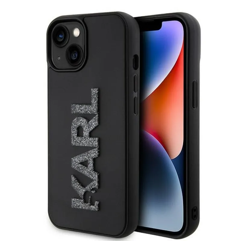 Obal Karl Lagerfeld 3D Rubber Glitter Logo pre iPhone 15 - čierny