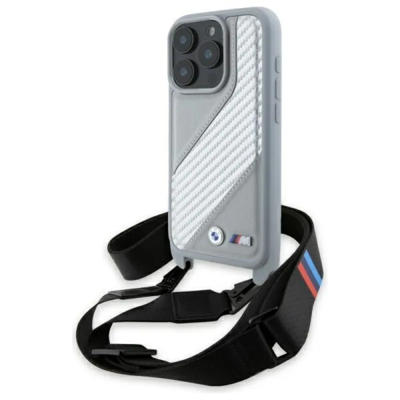 BMW M Edition Carbon Stripe & Strap Puzdro na iPhone 16 Pro – šedé
