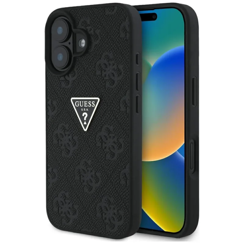 Puzdro Guess Hot Stamp 4G Pattern Triangle Metal Logo pre iPhone 16 - čierne