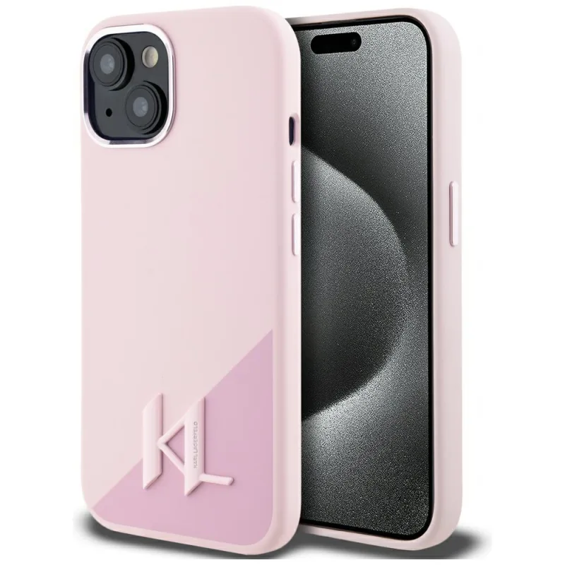 Karl Lagerfeld silikónové tieňové kovové puzdro MagSafe iPhone 15 ružové