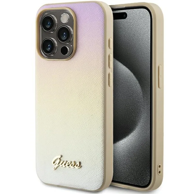 Puzdro Guess Saffiano Iridescent Script pre iPhone 14 Pro - zlaté