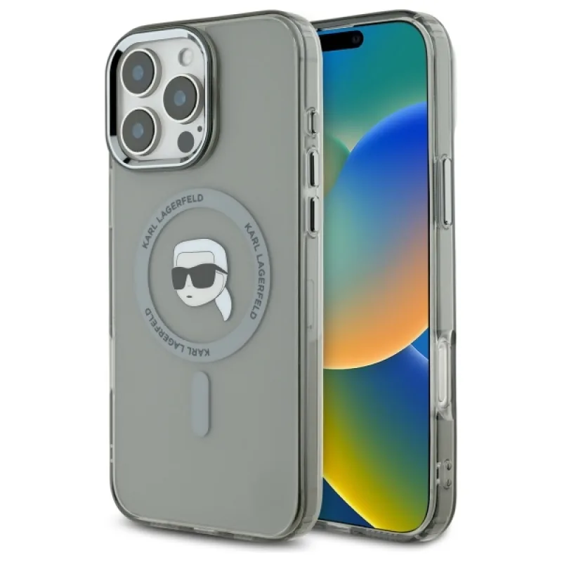 Karl Lagerfeld IML kovové puzdro Karl Head MagSafe iPhone 16 Pro – čierne