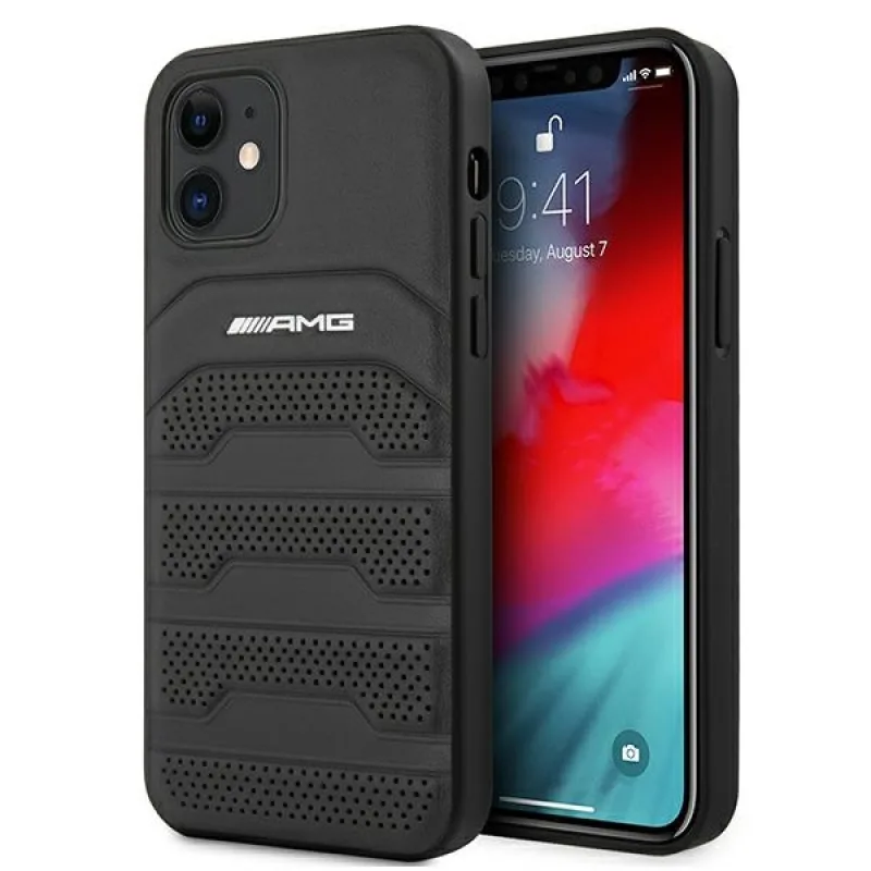 Kožené puzdro AMG Debossed Lines pre iPhone 12 mini - čierne