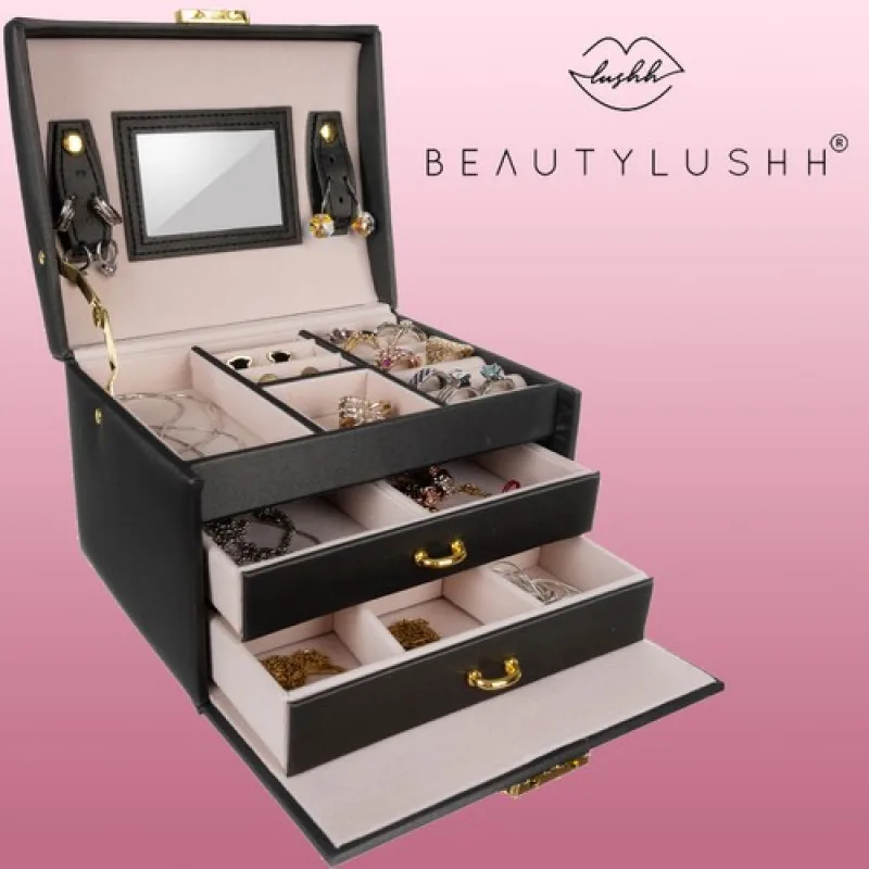 Beautylushh - Kufrík na šperky čierny 3 zásuvky