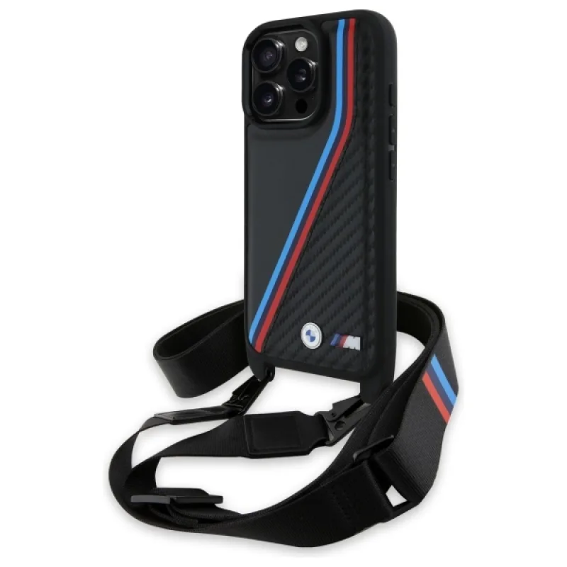 BMW M Edition Carbon Tricolor Lines & Strap Case pre iPhone 16 Pro – čierne