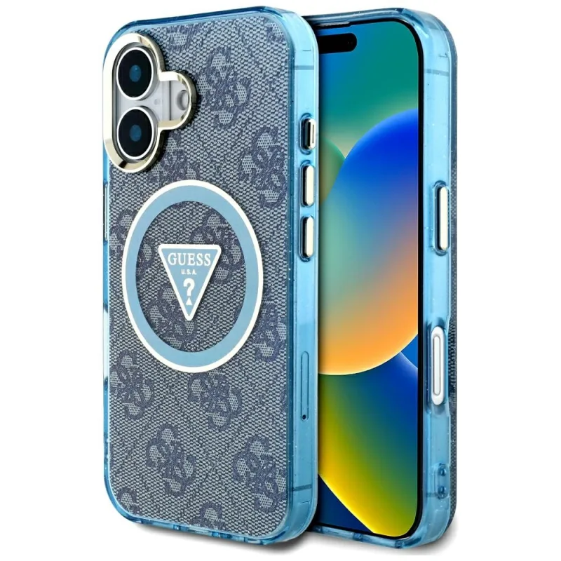 Guess IML Metal Glitter 4G Circle Triangle MagSafe Case pre iPhone 16 – modrý