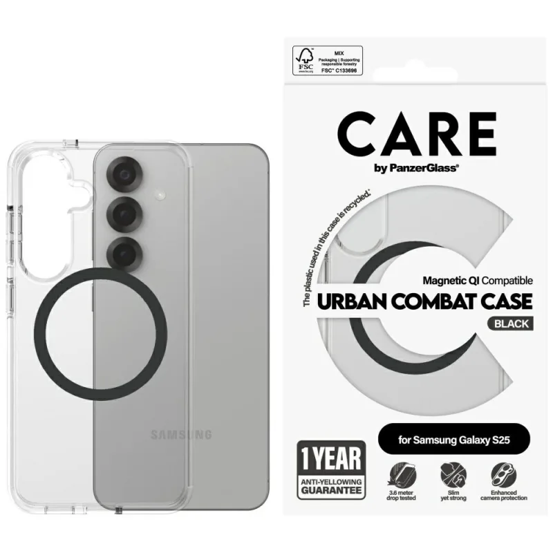 CARE by PanzerGlass Flagship Urban Combat Black QI Case pre Samsung Galaxy S25 – priehľadné