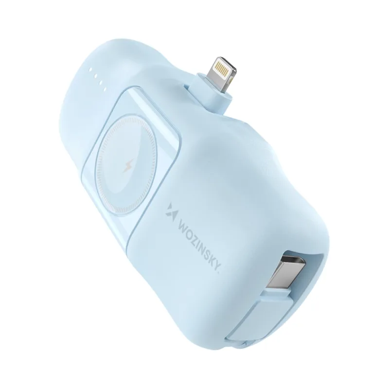 Wozinsky WF16-YLS 5000mAh 15W Lightning mini power banka so vstavaným káblom USB-C a nabíjačkou Apple Watch – modrá