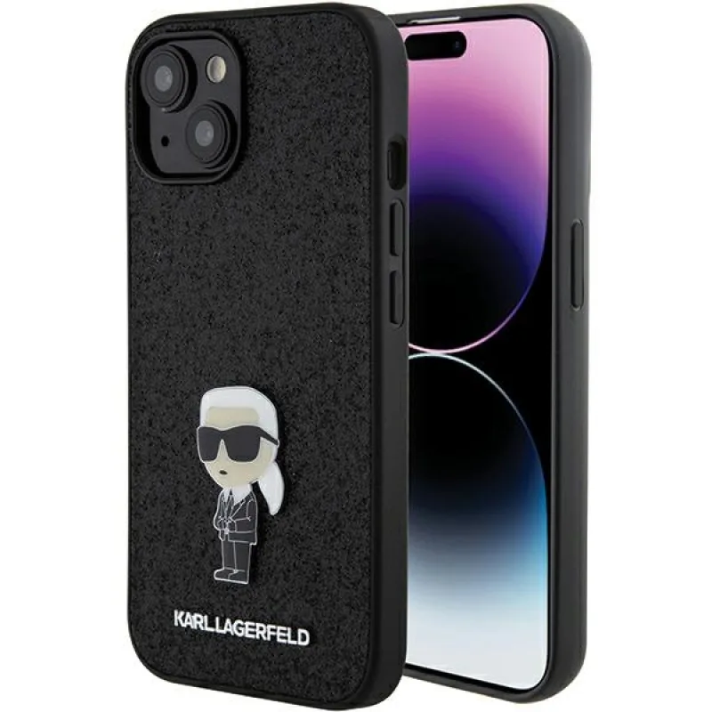 Obal Karl Lagerfeld Fixed Glitter Ikonik Logo Metal Pin pre iPhone 15 - čierny