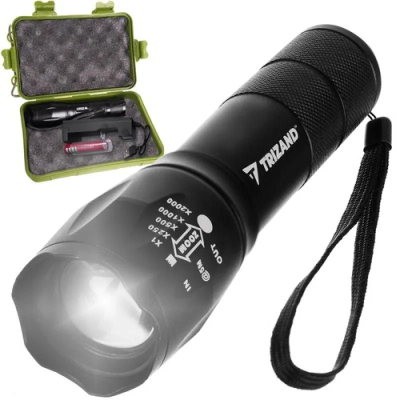 TRIZAND Taktické ručné hliníkové svietidlo T6 USB Zoom - čierna