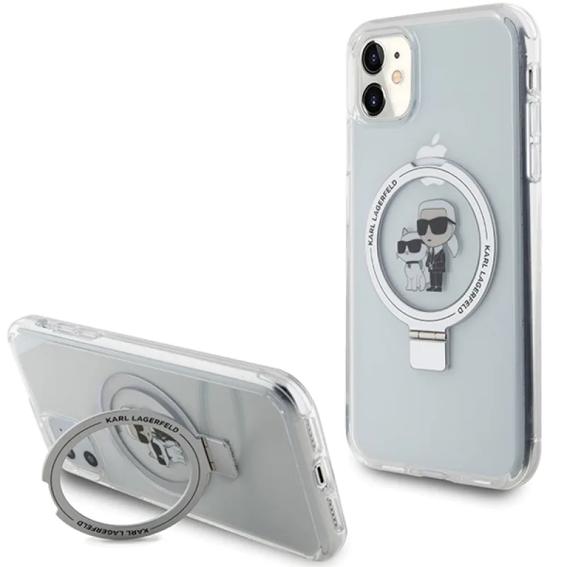 Karl Lagerfeld KLHMN61HMRSKCH Pevné puzdro na iPhone 11 / Xr 6,1" biele/biele Ring Stand Karl&Choupette MagSafe