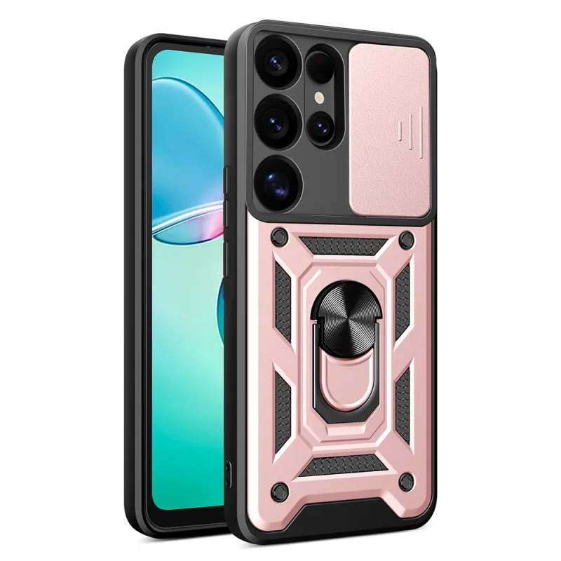 Hybridný Armor Camshield s krytom fotoaparátu a kovovým krúžkom pre Samsung Galaxy S25 Ultra – ružový