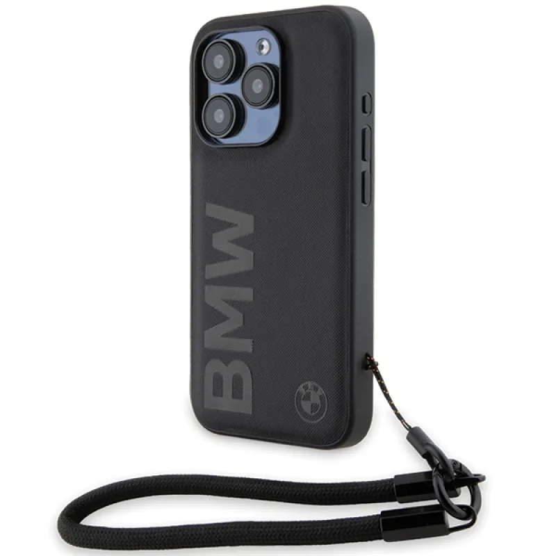 BMW Signature Leather Wordmark Cord puzdro pre iPhone 15 Pro Max - čierne