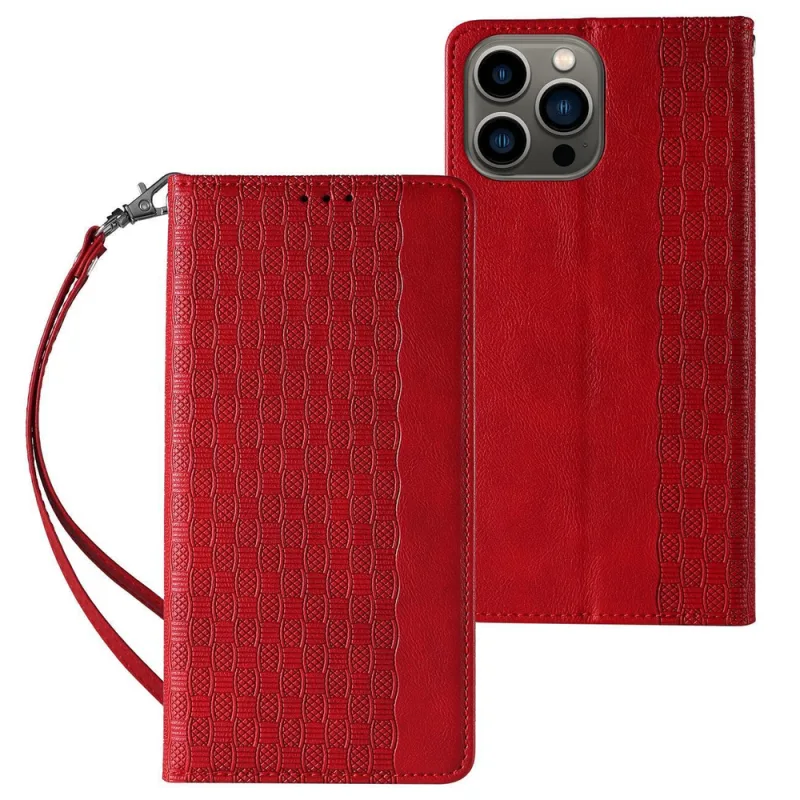 Magnet Strap Case Case pre iPhone 14 Pro Max Flip Wallet Mini Lanyard Stand Red