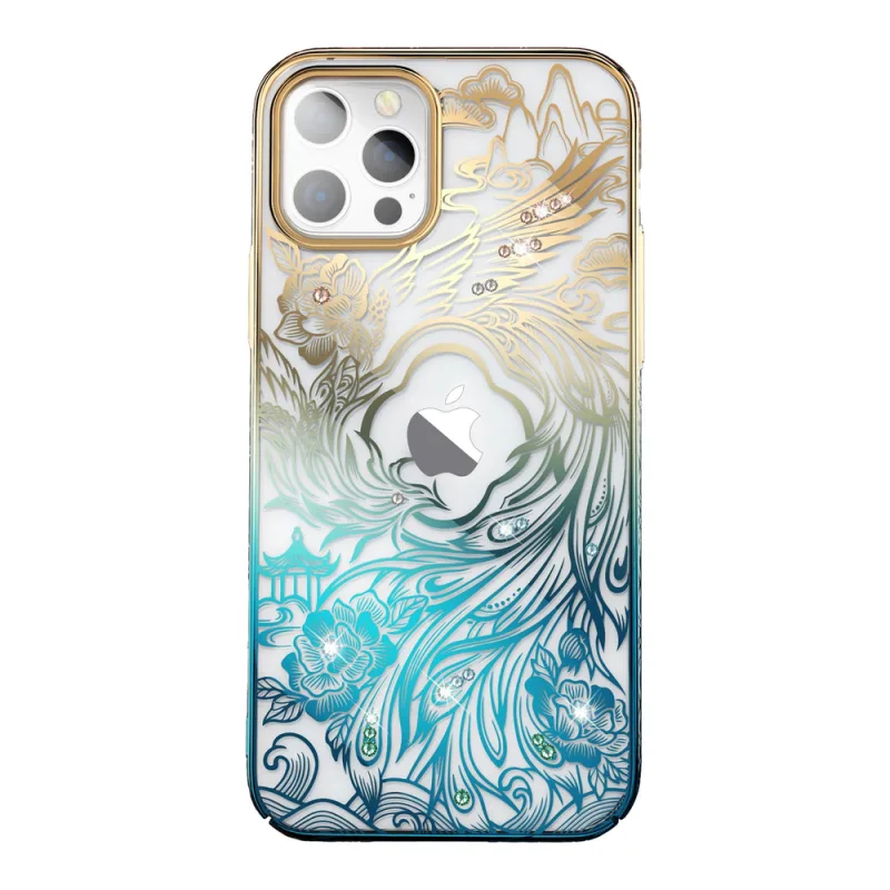 Luxusné puzdro na iPhone 14 Pro s kryštálmi Kingxbar Phoenix - zlaté a modré