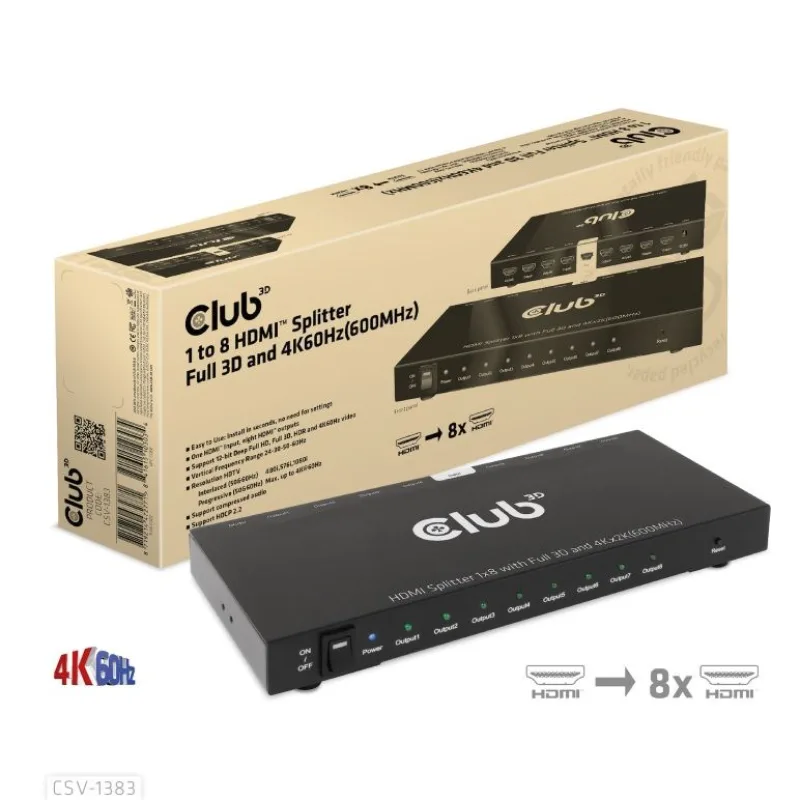 Club3D Video rozbočovač 1:4 HDMI 2.0 4K120Hz, 4 porty, černá CSV-1383