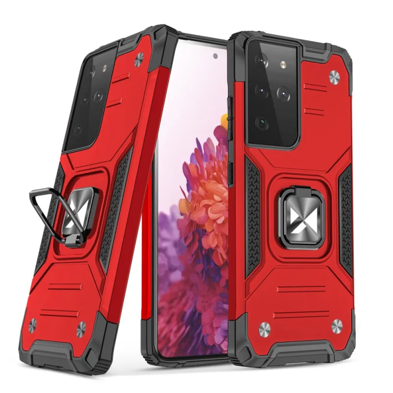 Pevný hybridný kryt puzdra Wozinsky Ring Armor + magnetický držiak pre Samsung Galaxy S22 Ultra červený