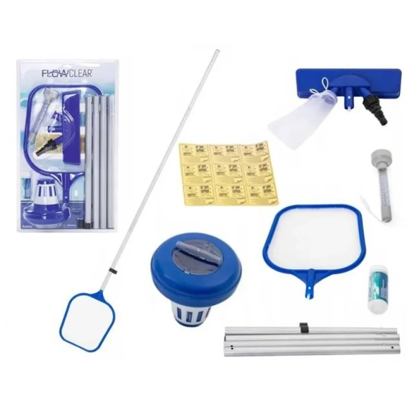 Súprava Bestway® FlowClear™, 58195, zberač, sieťka, tyč, plavák, teplomer, tester, záplaty