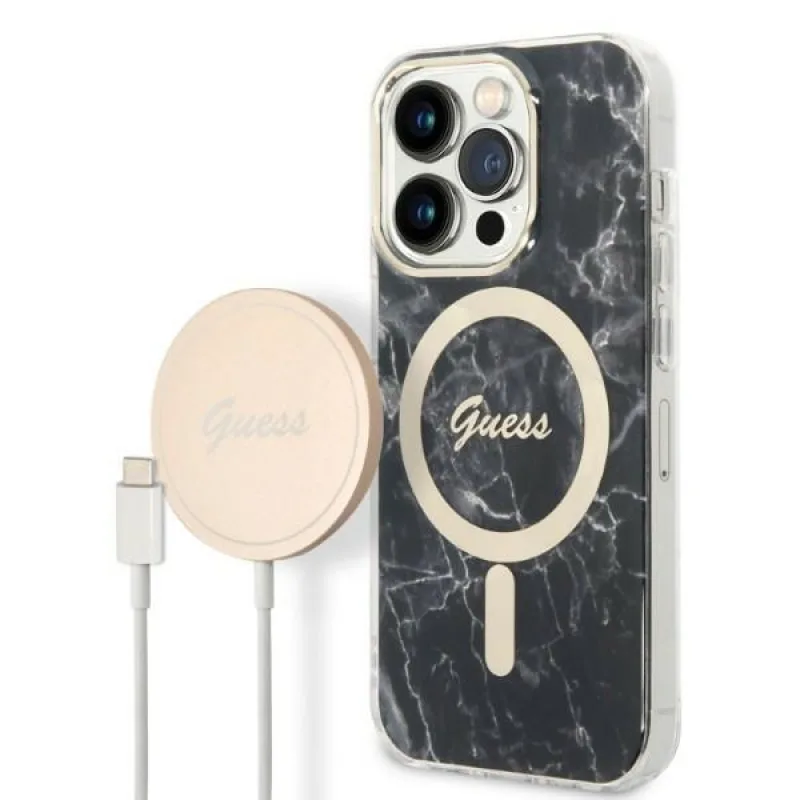 Set Guess GUBPP14LHMEACSK Case+ Charger iPhone 14 Pro 6,1" čierno/čierne pevné puzdro Marble MagSafe