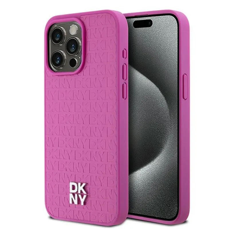 Kožený vzor DKNY s monogramom Kovové logo MagSafe Case pre iPhone 15 Pro Max – ružový