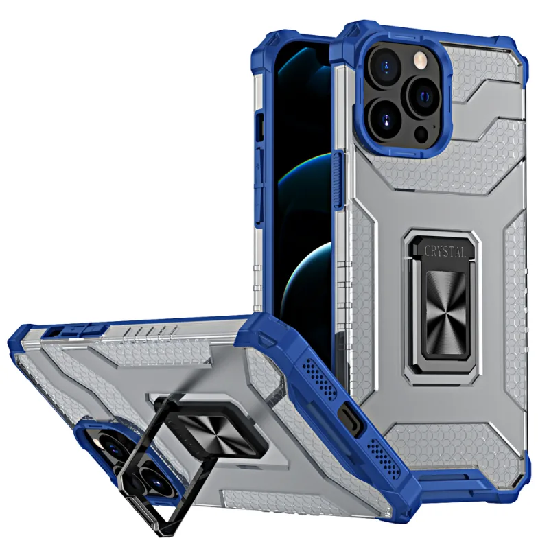 Pevný odolný kryt Crystal Ring Case Kickstand pre iPhone 13 Pro modrý