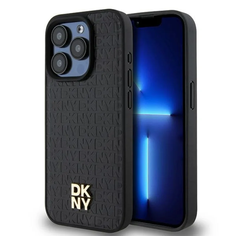 Kožené puzdro DKNY s monogramom Kovové logo MagSafe pre iPhone 15 Pro – čierne