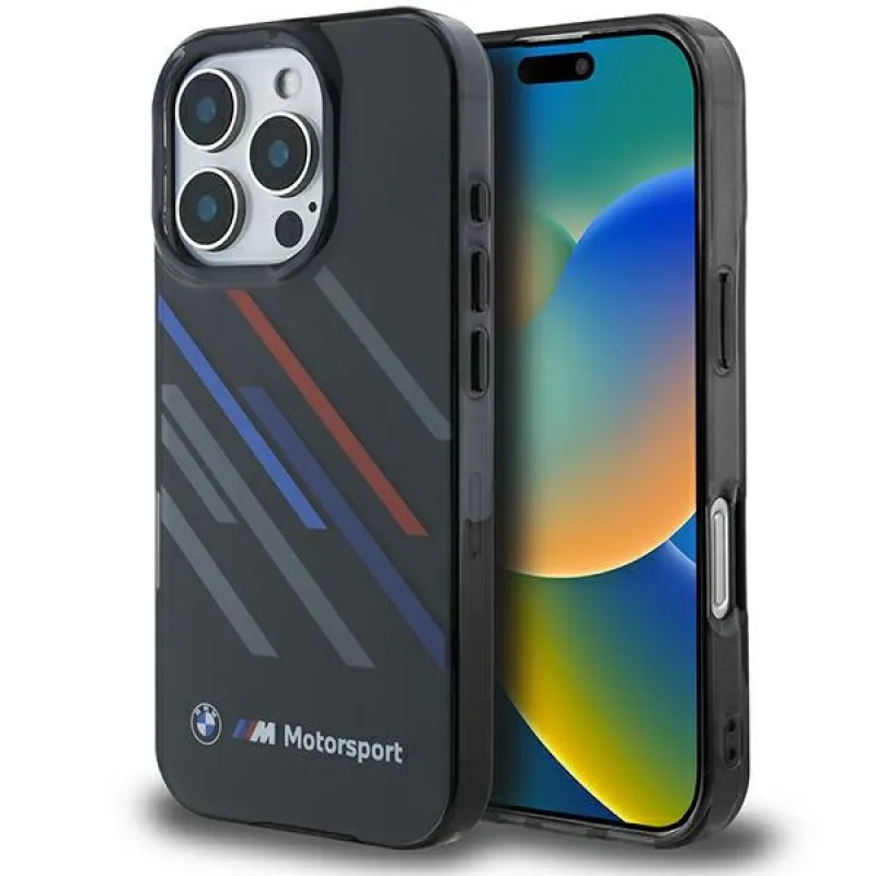 Puzdro BMW Motosport IML Random Stripes na iPhone 16 Pro – čierne