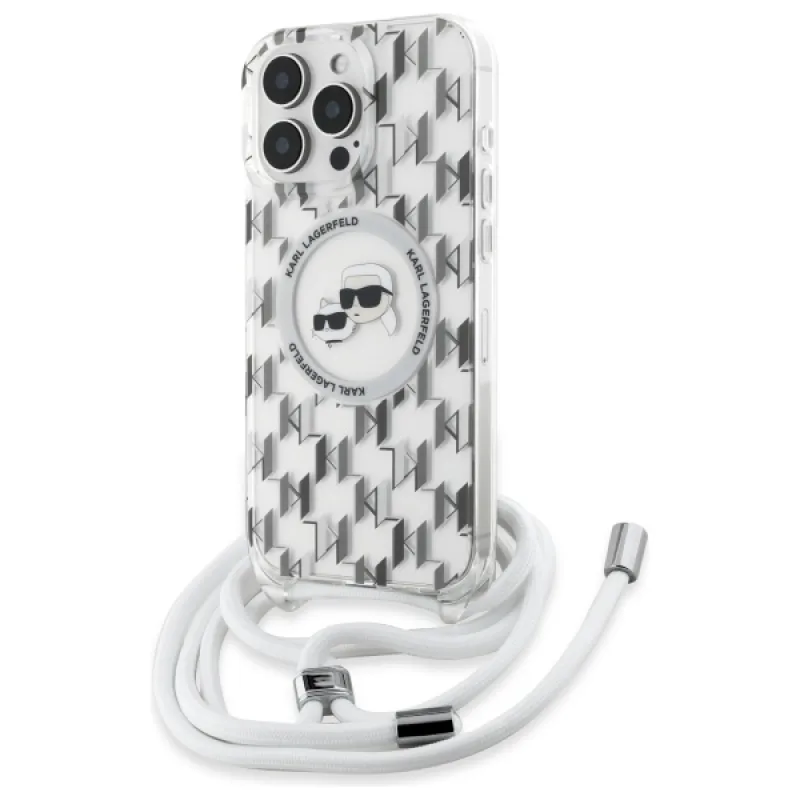 Karl Lagerfeld IML Crossbody Monogram Karl & Choupette Head MagSafe Case pre iPhone 16 Pro – priehľadný