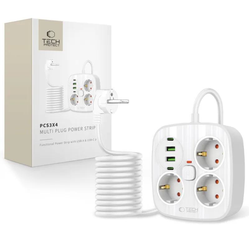 Tech-Protect PCS3X4 predlžovací kábel, 3 zásuvky, 2xUSB-A, 2xUSB-C 200 cm - biela