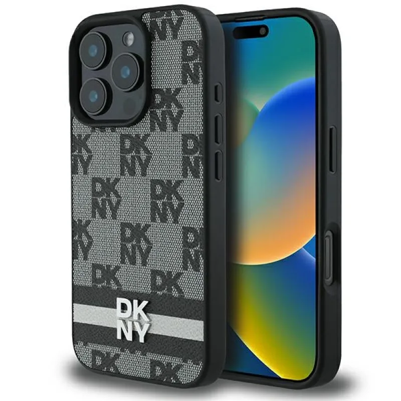 Puzdro DKNY s kockovaným vzorom a potlačenými pruhmi pre iPhone 16 Pro Max – čierne