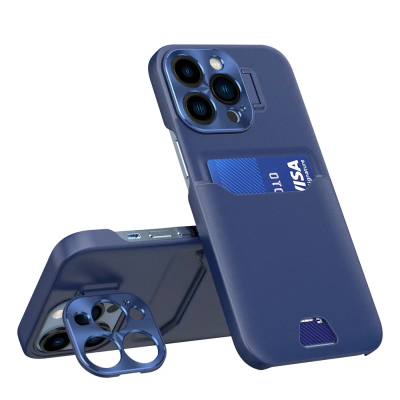 Kožené puzdro Stand Case pre iPhone 14 Pro Max krycie kartové peňaženky so stojanom modré