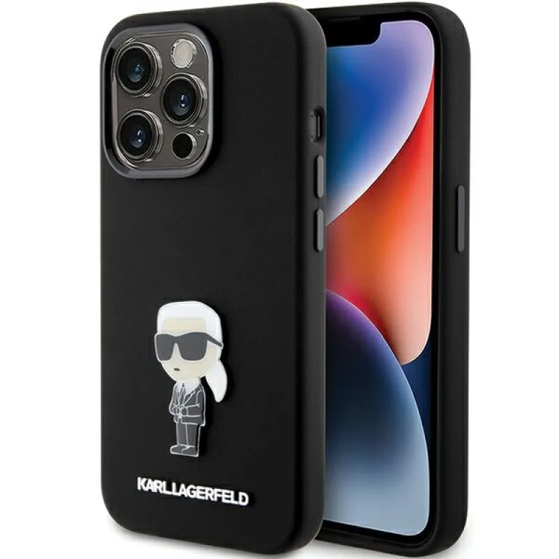 Silikónový obal Karl Lagerfeld Ikonik Metal Pin pre iPhone 15 Pro - čierny