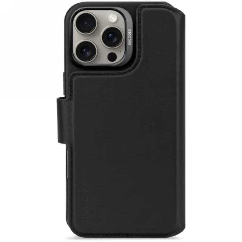 Dekódované kožené odnímateľné puzdro MagSafe Case s peňaženkou pre iPhone 16 Pro Max – čierne