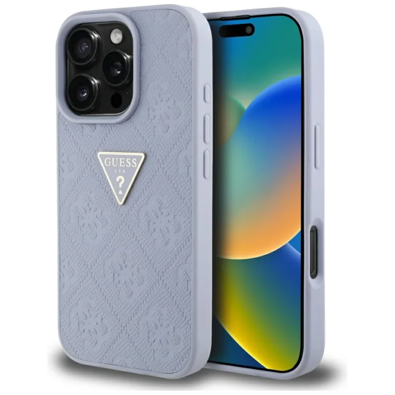 Puzdro s kovovým logom Guess Hot Stamp 4G Pattern Triangle pre iPhone 16 Pro Max – fialové