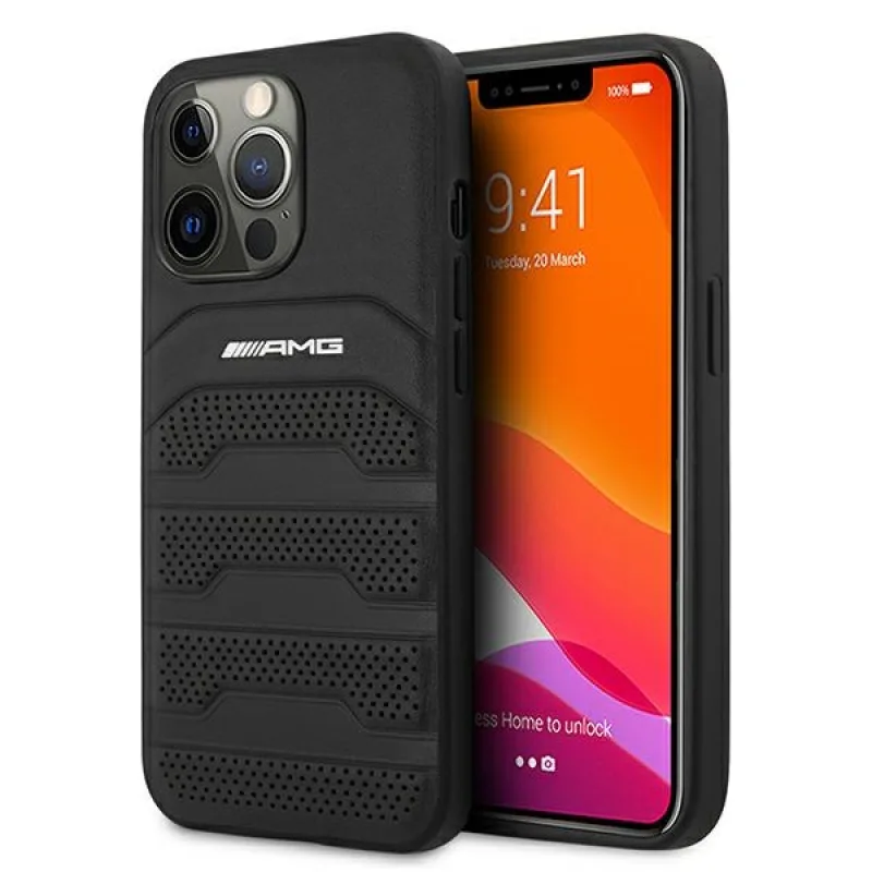 Kožené puzdro AMG Debossed Lines pre iPhone 13 Pro / iPhone 13 - čierne