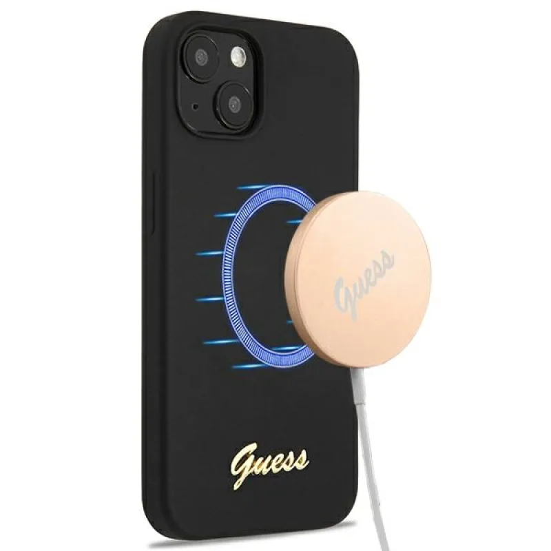 Guess GUHMP13MLSLMGBK iPhone 13 6,1" čierno/čierne pevné puzdro Silicone Script Gold Logo Magsafe