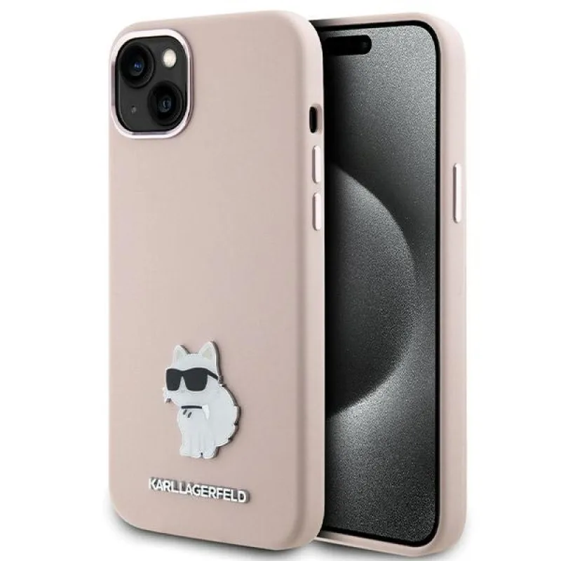 Karl Lagerfeld silikónové puzdro Choupette s kovovým kolíkom pre iPhone 15 Plus / 14 Plus - ružové