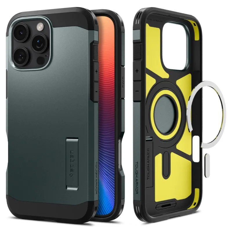 Puzdro Spigen Tough Armor MagSafe so stojanom pre iPhone 16 Pro – zelené
