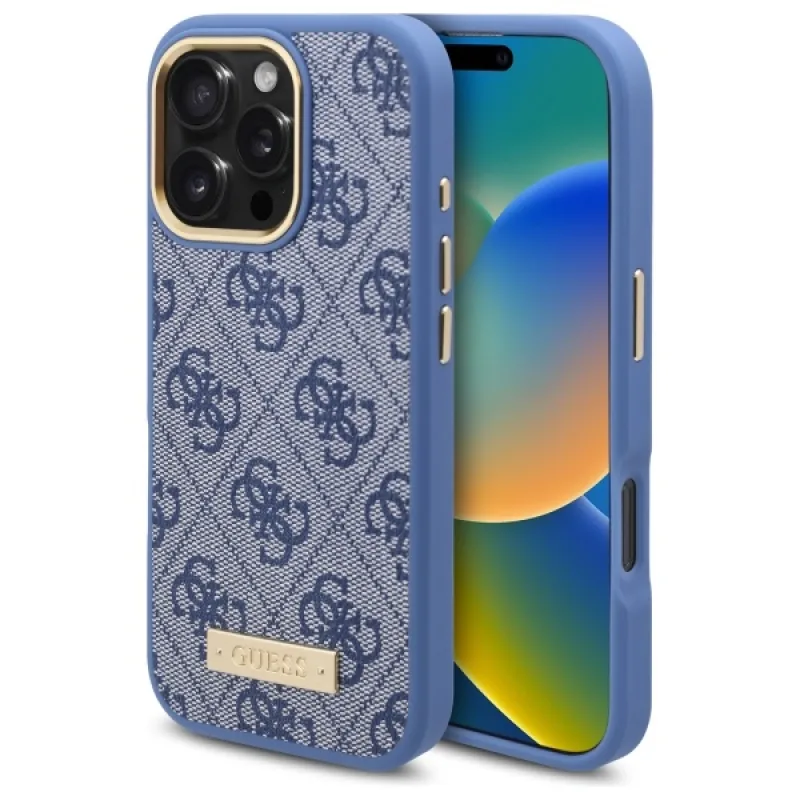 Puzdro Guess 4G Logo Plate MagSafe pre iPhone 16 Pro – modré