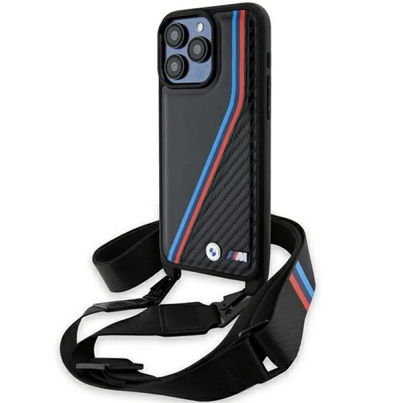 Puzdro BMW M Edition Carbon Tricolor Lines & Strap pre iPhone 15 Pro - čierne