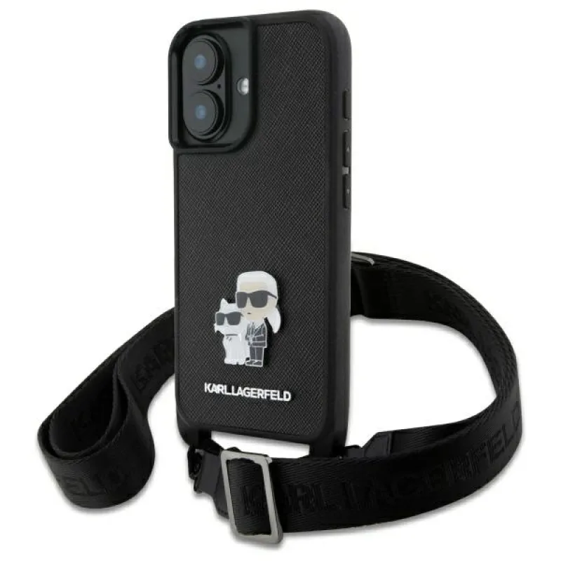 Karl Lagerfeld Saffiano Karl&Choupette kovový kolík CBDY remienok Puzdro na iPhone 16 – čierne