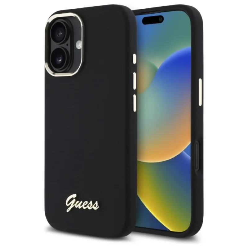 Guess Silicone Script kovové logo a rámové puzdro pre iPhone 16 - čierne